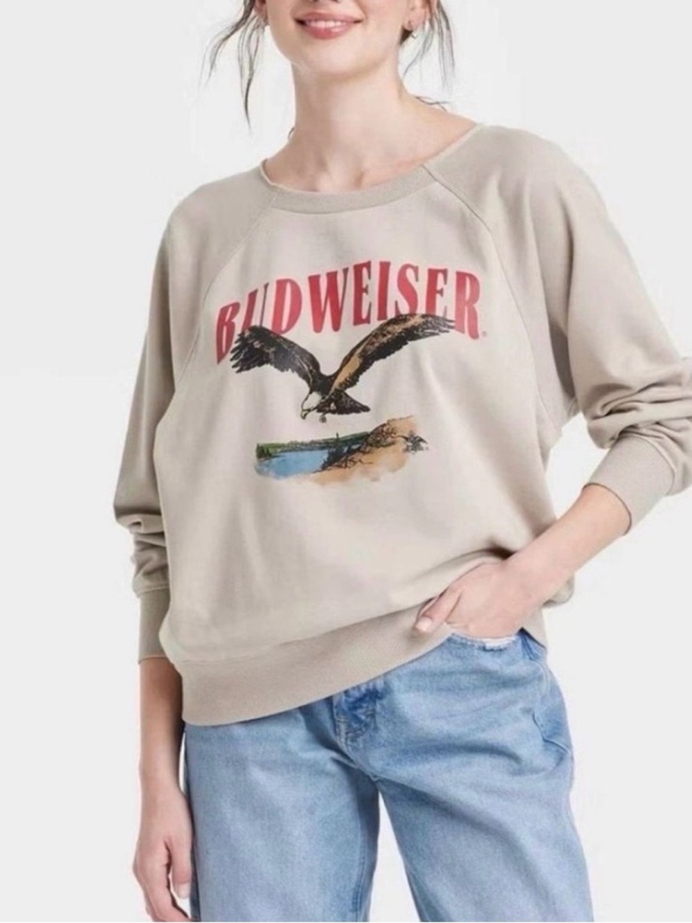 Budweiser Beige Graphic Eagle Sweatshirt with Red Logo